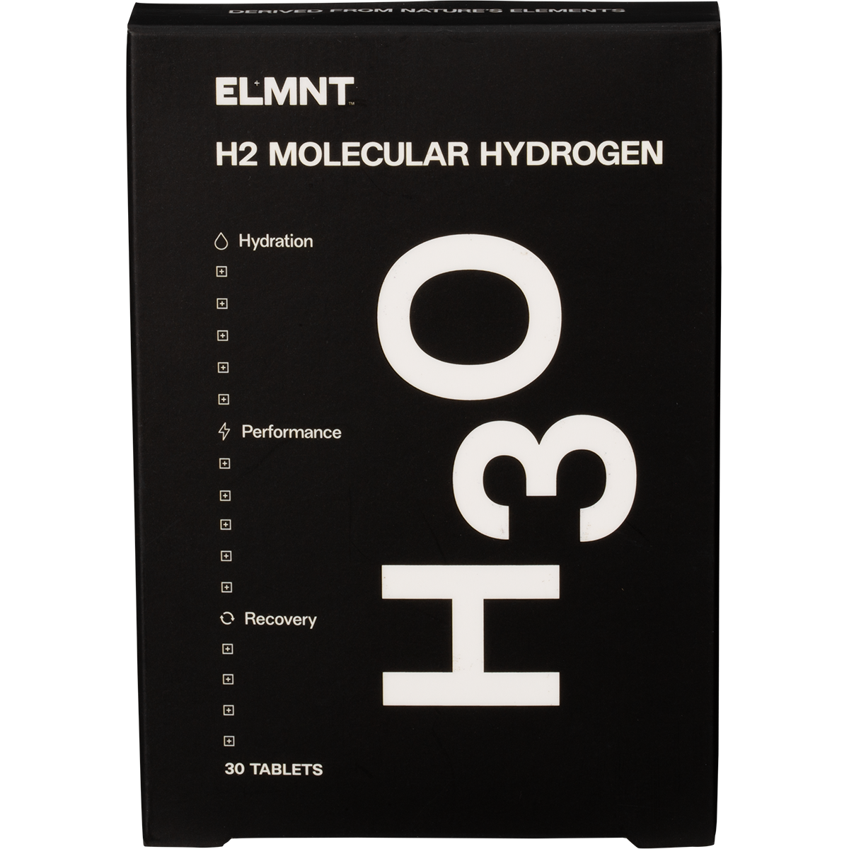 30-pack of ELMNT H2 Molecular Hydrogen Natural water tablets in a white and blue box.