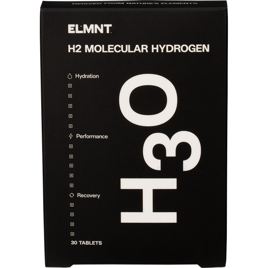 30-pack of ELMNT H2 Molecular Hydrogen Natural water tablets in a white and blue box.