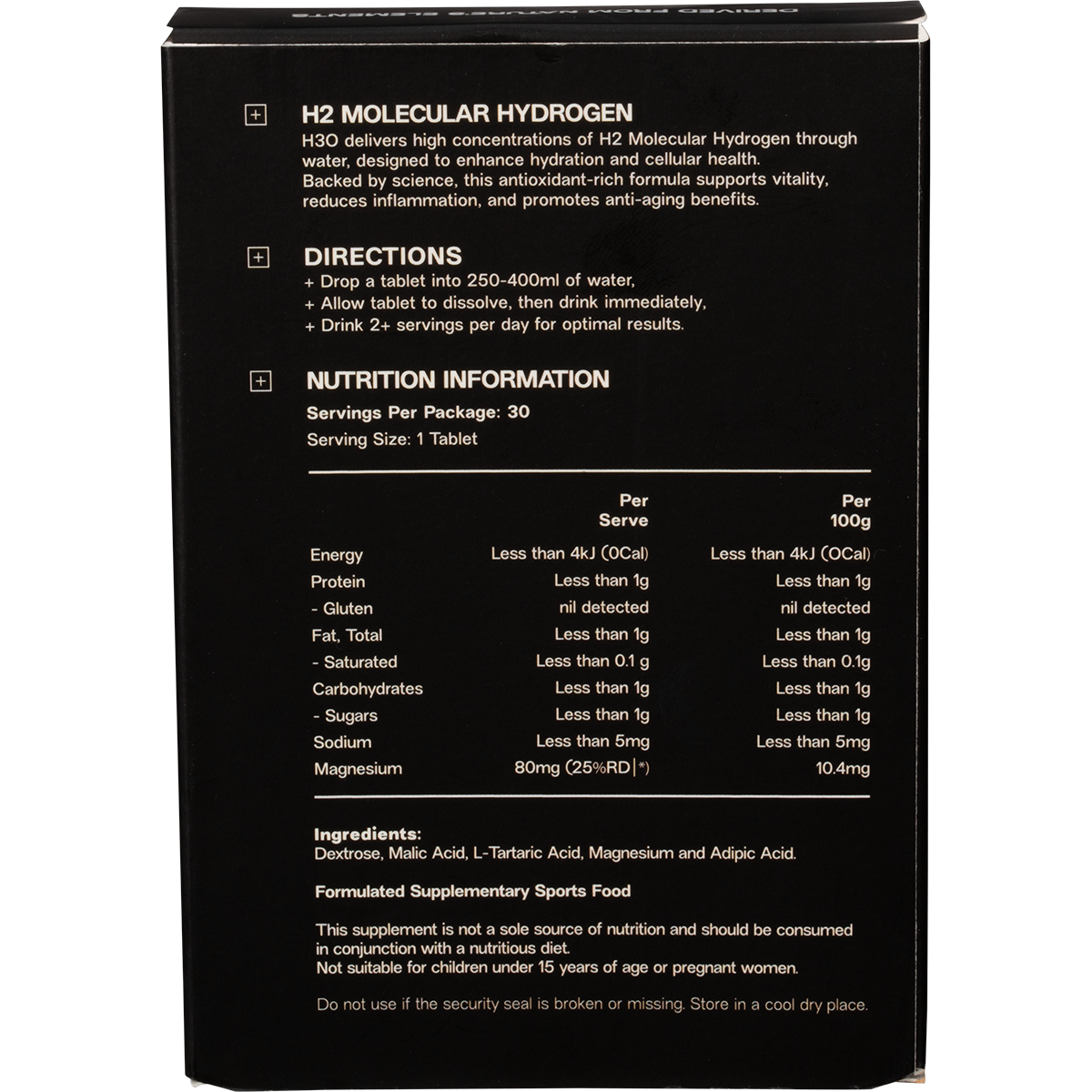 Back of ELMNT H2 tablets box showing natural flavor, directions, 30-tablet count, and ingredients.