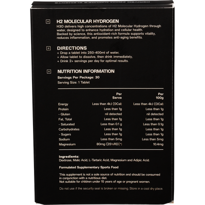 Back of ELMNT H2 tablets box showing natural flavor, directions, 30-tablet count, and ingredients.