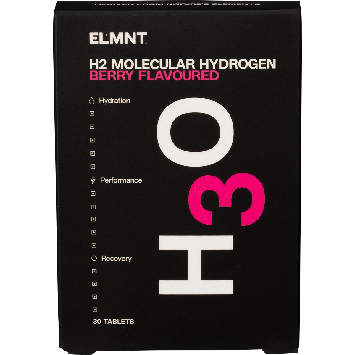 A white 30-pack bottle of ELMNT H2 Molecular Hydrogen Water Tablets with a purple berry-themed label.