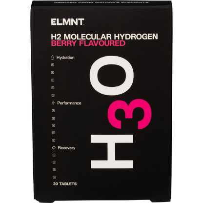 A white 30-pack bottle of ELMNT H2 Molecular Hydrogen Water Tablets with a purple berry-themed label.