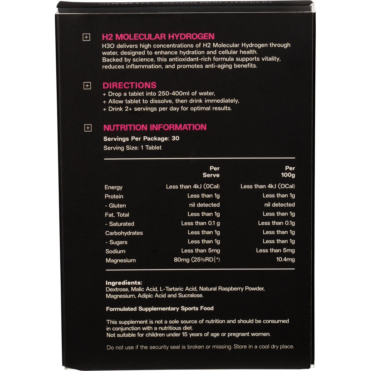 Back of ELMNT H2 Berry bottle showing directions, ingredients, and 30-tablet count on a white background.