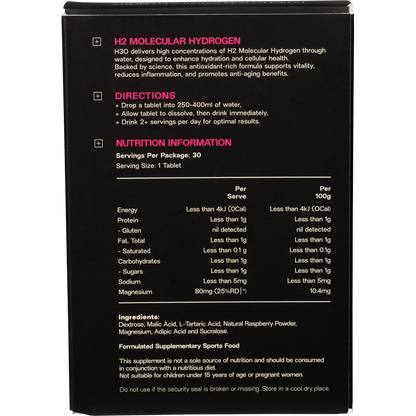 Back of ELMNT H2 Berry bottle showing directions, ingredients, and 30-tablet count on a white background.