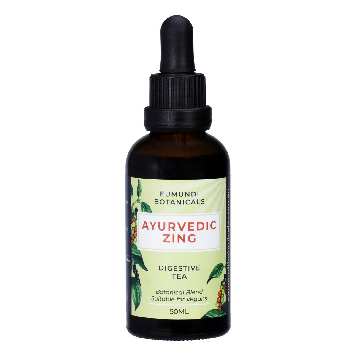 Eumundi Botanicals Ayurvedic Zing Digestive Tea 50ml bottle with a dropper lid and a botanical-themed label.