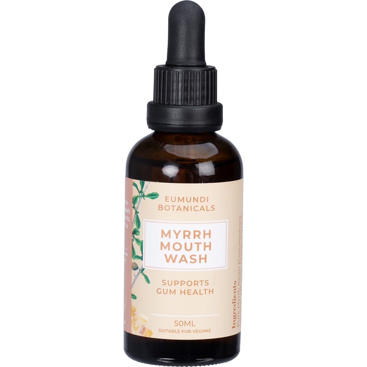 50ml bottle of Eumundi Botanicals Myrr Mouth Wash with a white label and brown dropper cap.