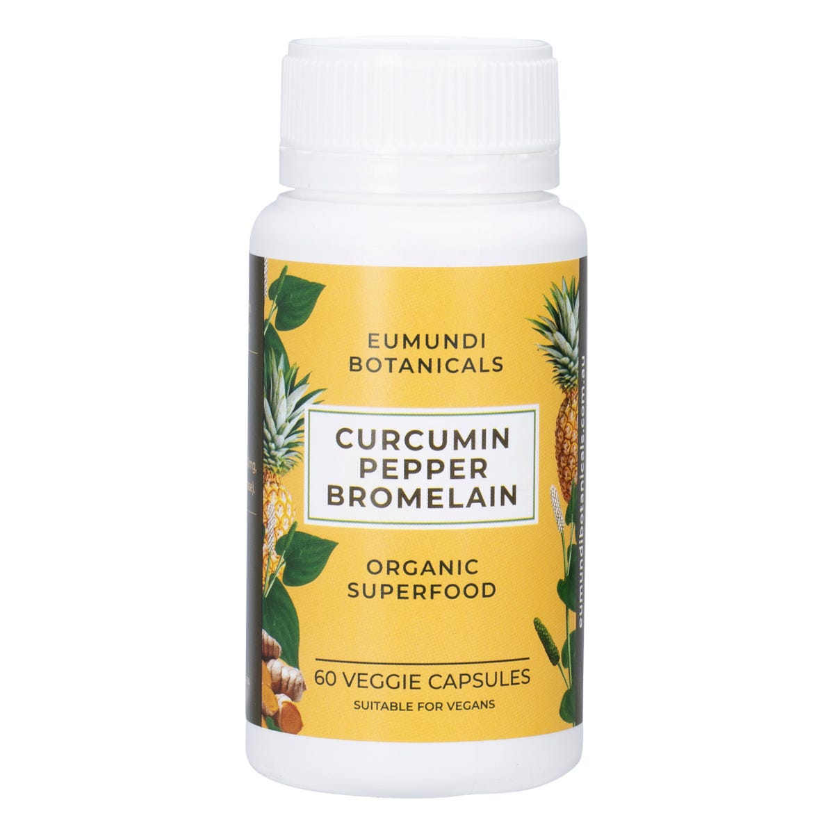 60 capsules of Eumundi Botanicals Curcumin Pepper Bromelain in a white bottle with a yellow and green label.
