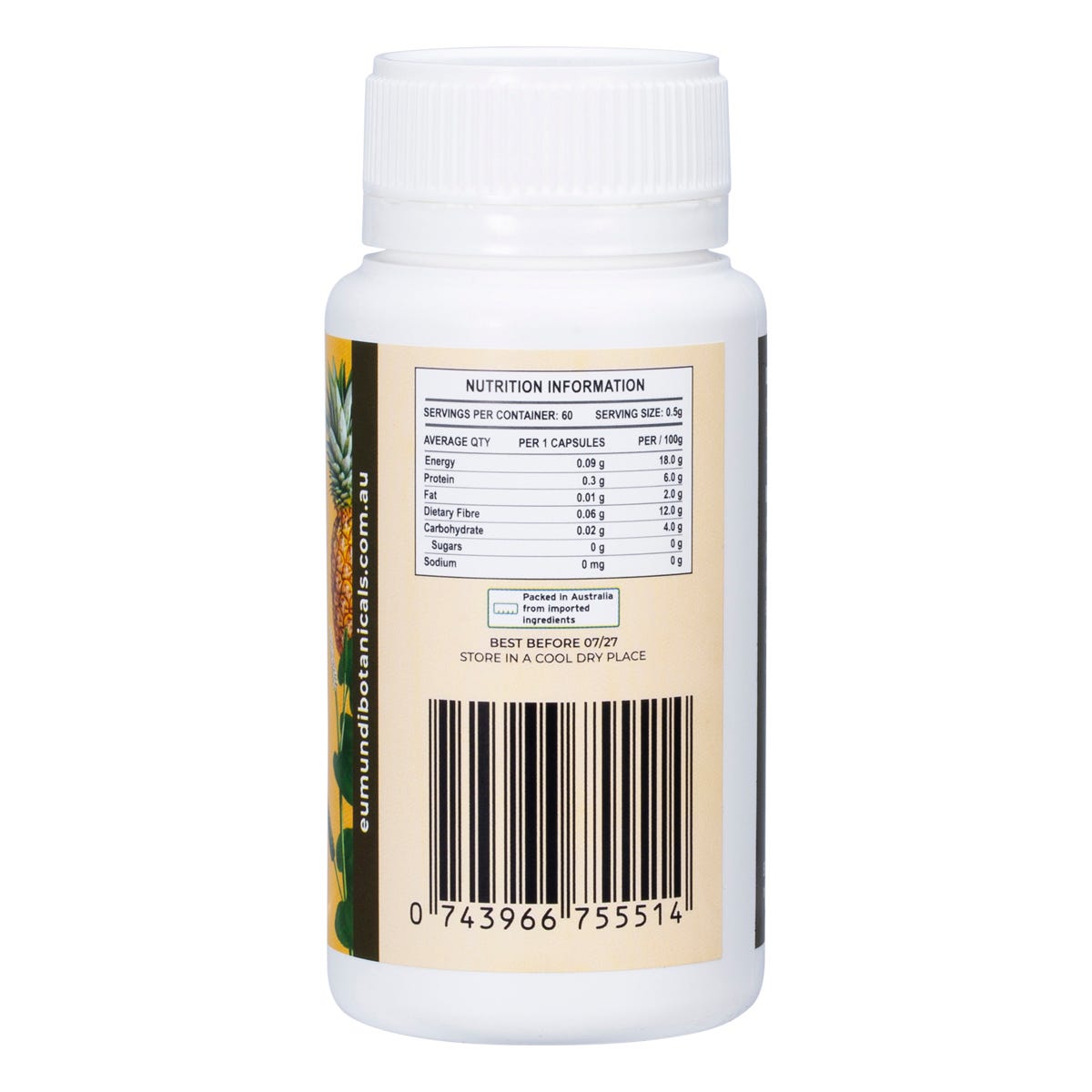 Back of Eumundi Botanicals Curcumin Pepper Bromelain bottle showing ingredients, directions, and product details.