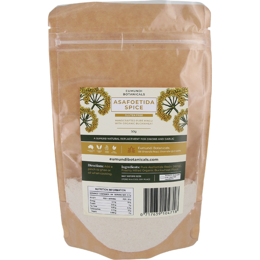 Eumundi Botanicals 50g Asafoetida Spice bag with pink text and botanical illustrations on a white background.