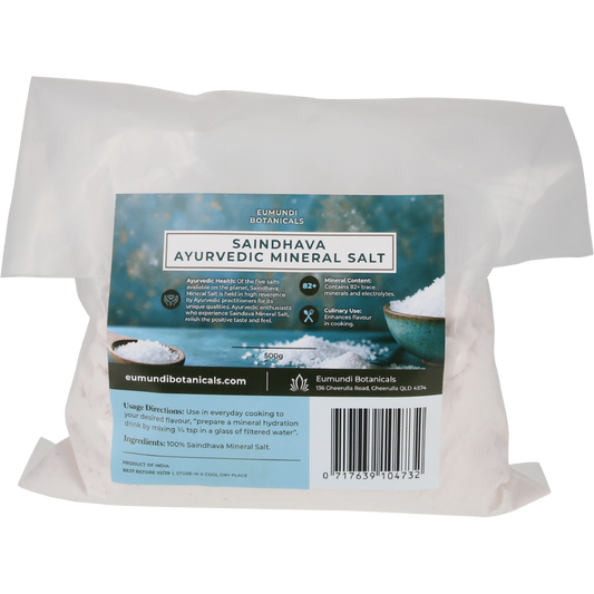 Eumundi Botanicals 500g Saindhava Ayurvedic Mineral Salt bag with pink text on a white background.