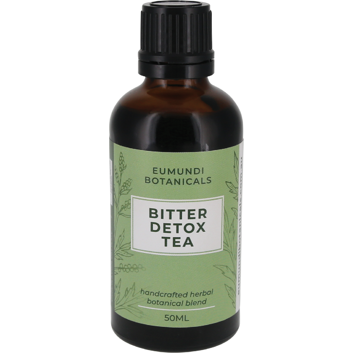 Eumundi Botanicals 50ml Bitter Detox Tea bottle with pink accents on a white background.