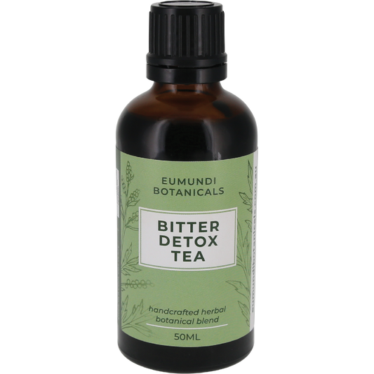 Eumundi Botanicals 50ml Bitter Detox Tea bottle with pink accents on a white background.