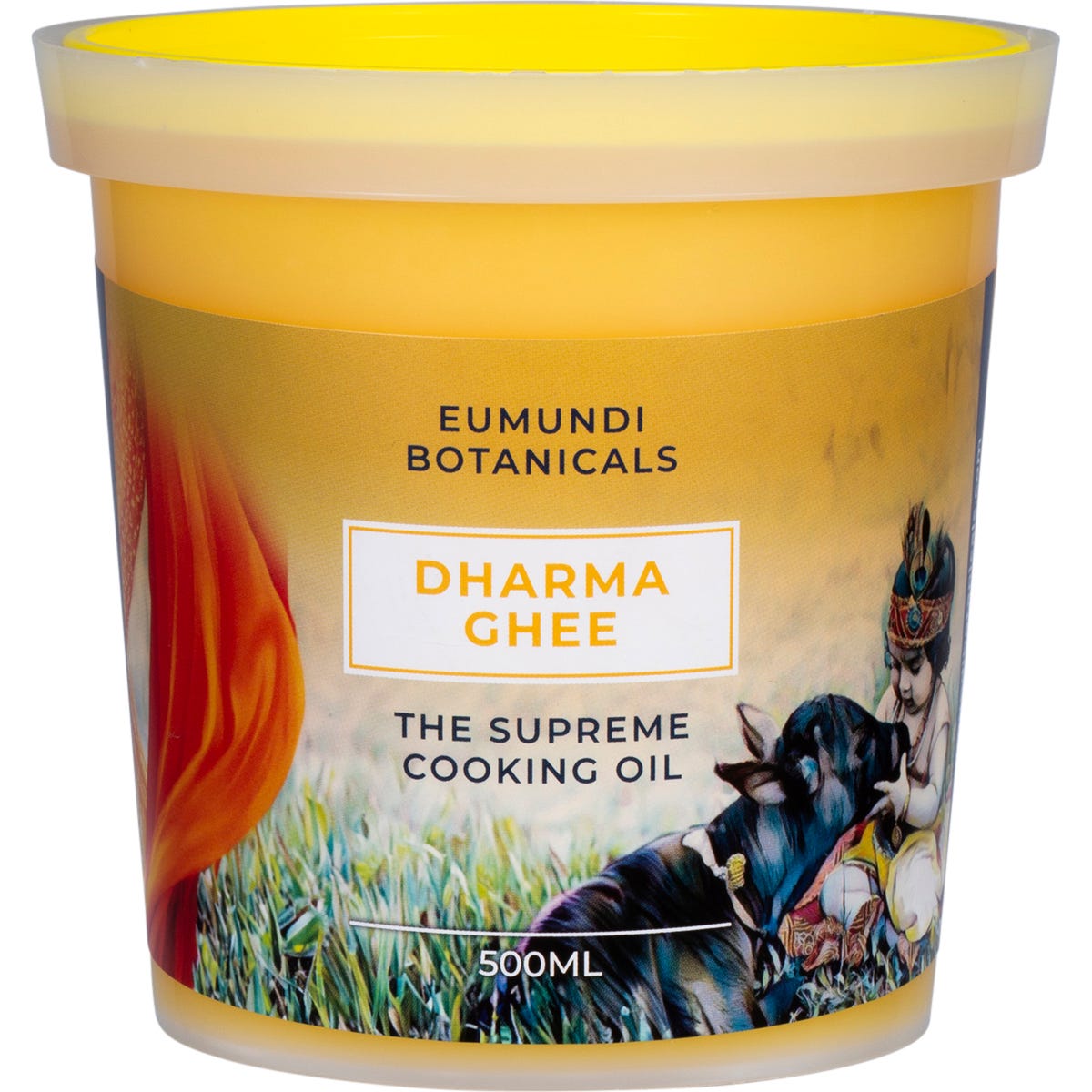 500ml glass jar of Eumundi Botanicals Dharma Ghee with a golden label and black lid on a white background.