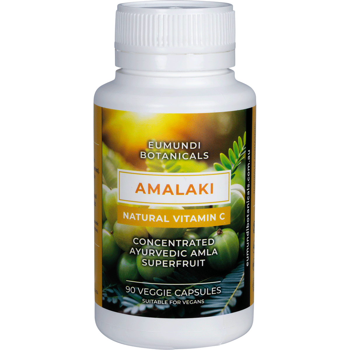 90 capsules of Eumundi Botanicals Amalaki Natural Vitamin C in a white bottle with a green and white label.