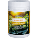 150g tub of Eumundi Botanicals Amalaki Natural Vitamin C Powder with a green label and a scoop of fine beige powder.