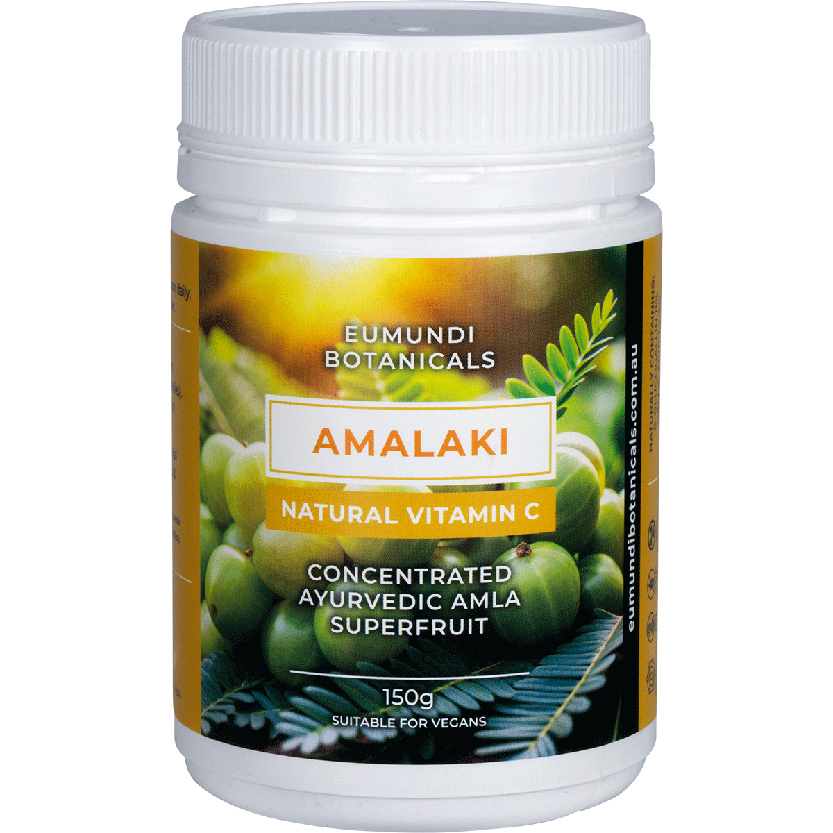 150g tub of Eumundi Botanicals Amalaki Natural Vitamin C Powder with a green label and a scoop of fine beige powder.