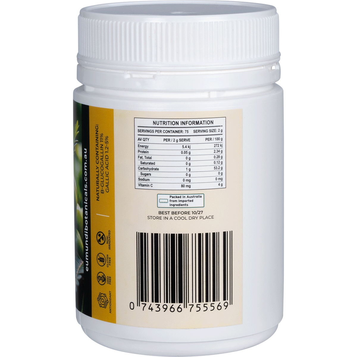 A 150g tub of Eumundi Botanicals Amalaki Vitamin C Powder shown from a side angle on a white background.