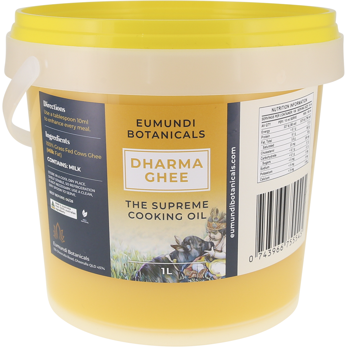 A 1L plastic bucket of Eumundi Botanicals Dharma Ghee containing milk-based cooking oil, with a yellow lid and a dark blue and yellow label.
