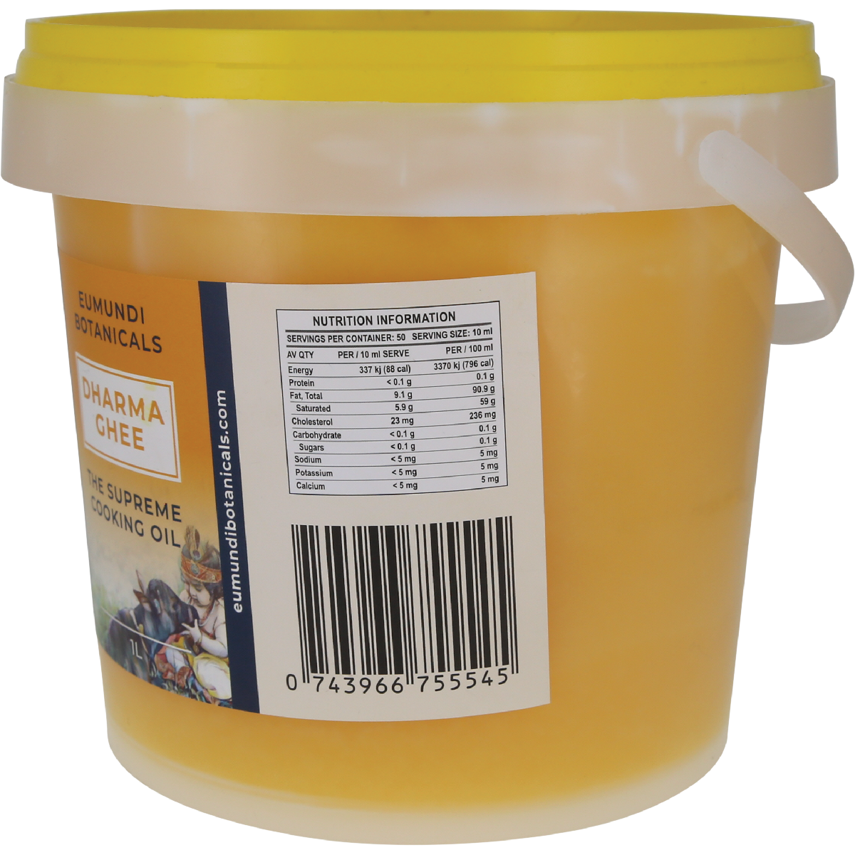 A 20 kg plastic bucket of Emdundi Botanicals Dharmachee Supreme Cooking Oil, showing the back label with nutrition information and barcode against a white background.