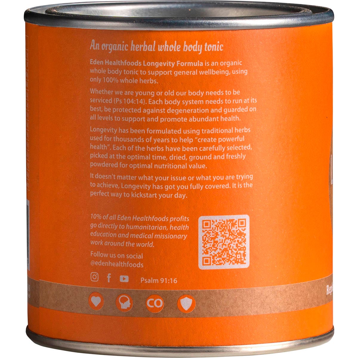 Back view of Eden Healthfoods Longevity 150g tub showing ingredients and nutritional information.