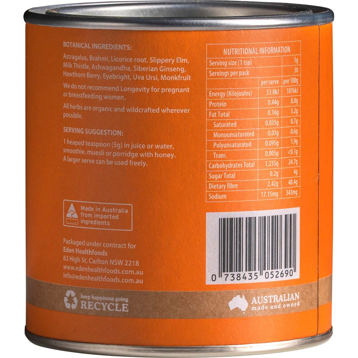 Side view of Eden Healthfoods Longevity 150g tub highlighting organic herbal ingredients and product benefits.