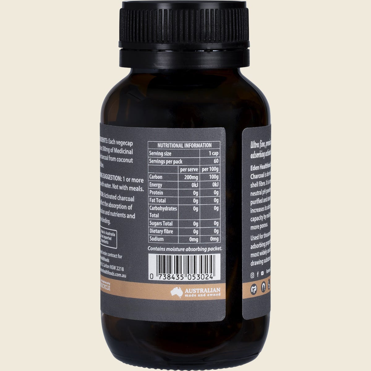 Eden Healthfoods Activated Charcoal 60 capsules in a white tub with a black label, viewed from the right side.