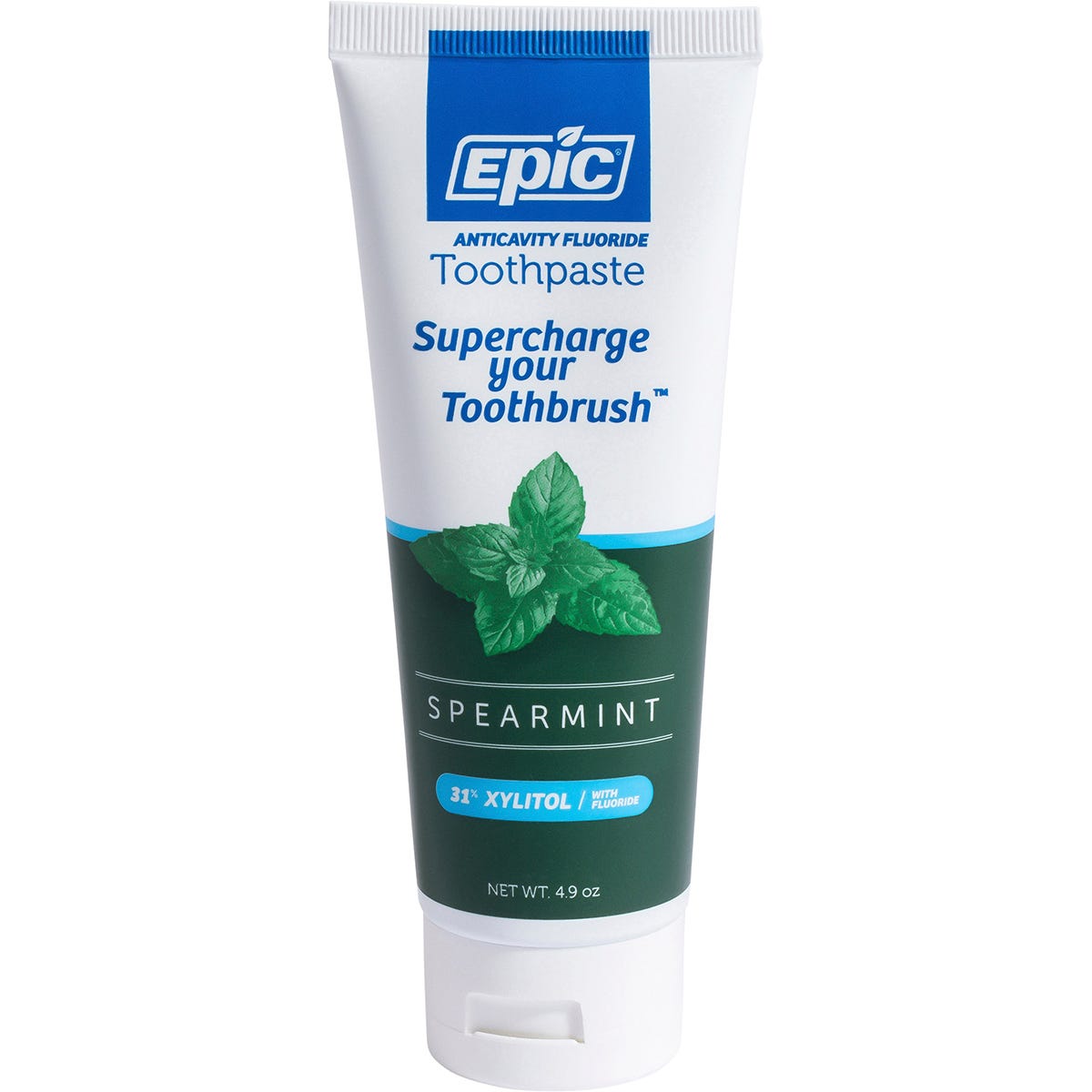 Epic Toothpaste Spearmint with Fluoride 138g tube featuring xylitol for cavity prevention and fresh breath.