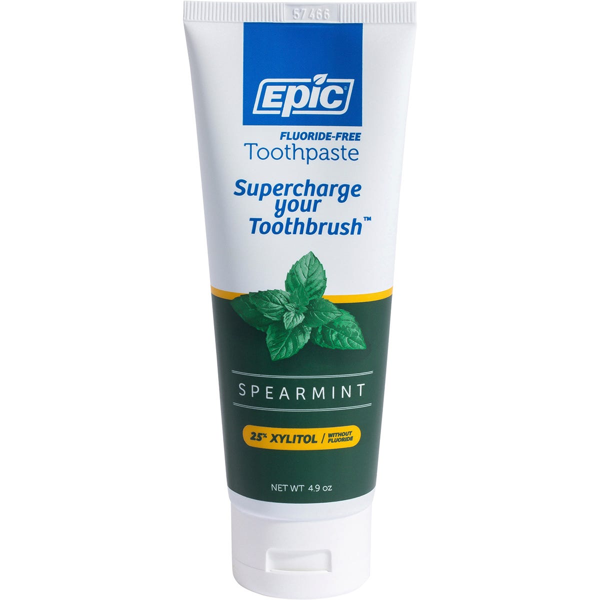 138g tube of Epic Spearmint Fluoride Free Toothpaste with 25% Xylitol on a white background.