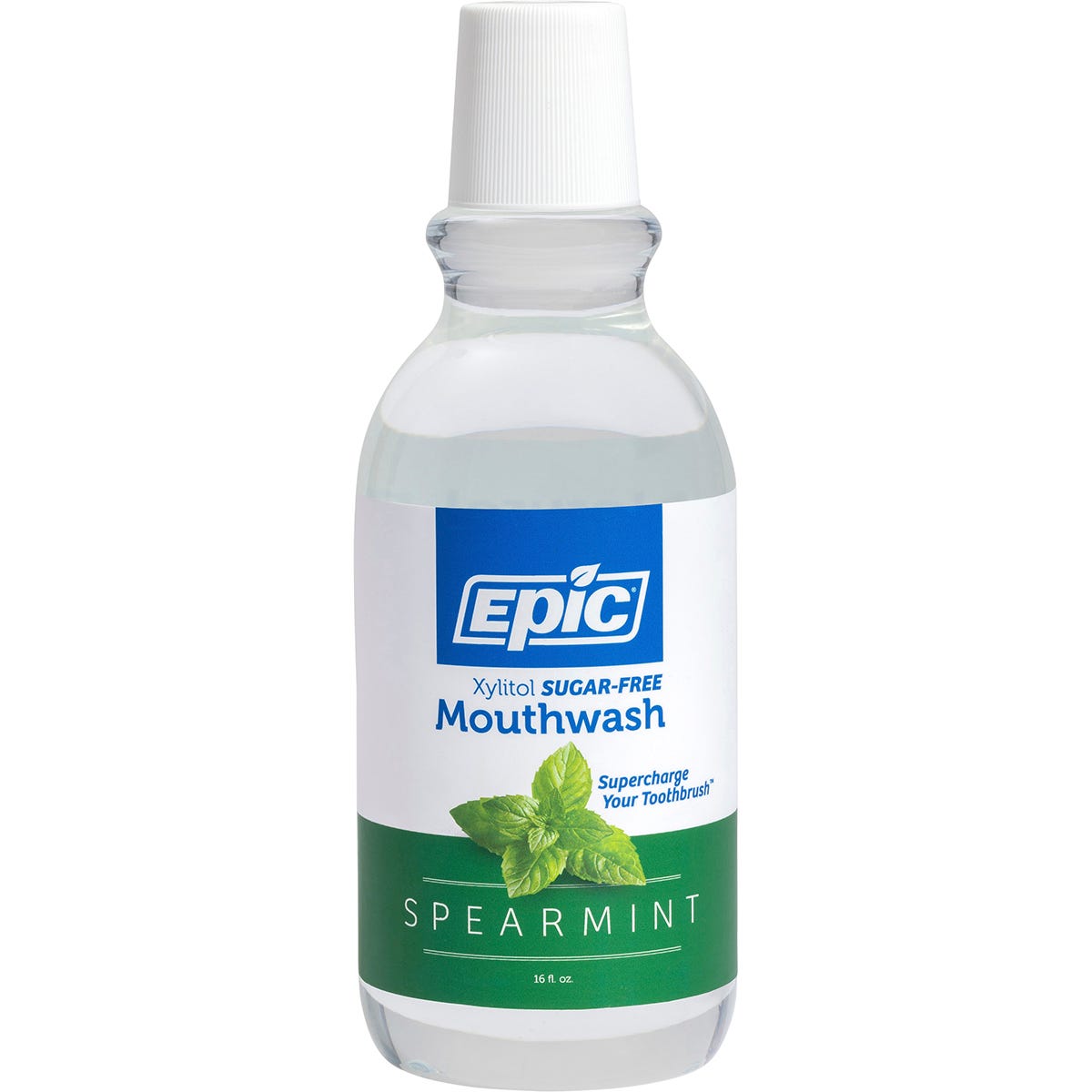Epic Xylitol Mouthwash Spearmint 475ml bottle with a green and white label featuring spearmint leaves.