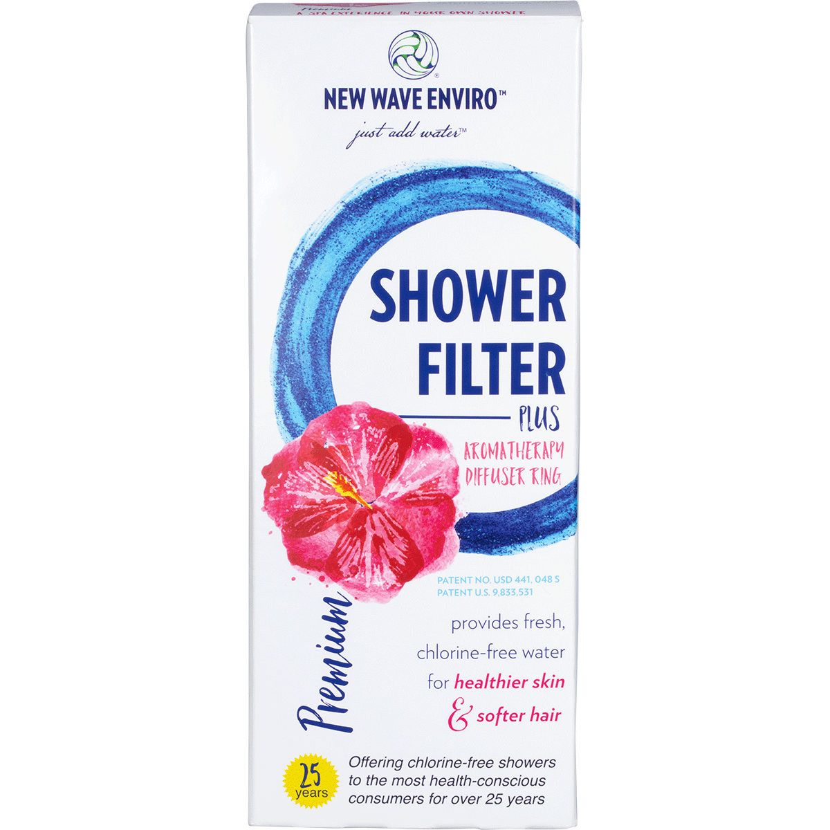 White New Wave Enviro premium shower filter with a glossy finish and a black aromatherapy ring on a white background.