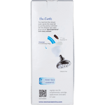 Back view of a white New Wave Enviro premium shower filter with a black aromatherapy ring on a white background.
