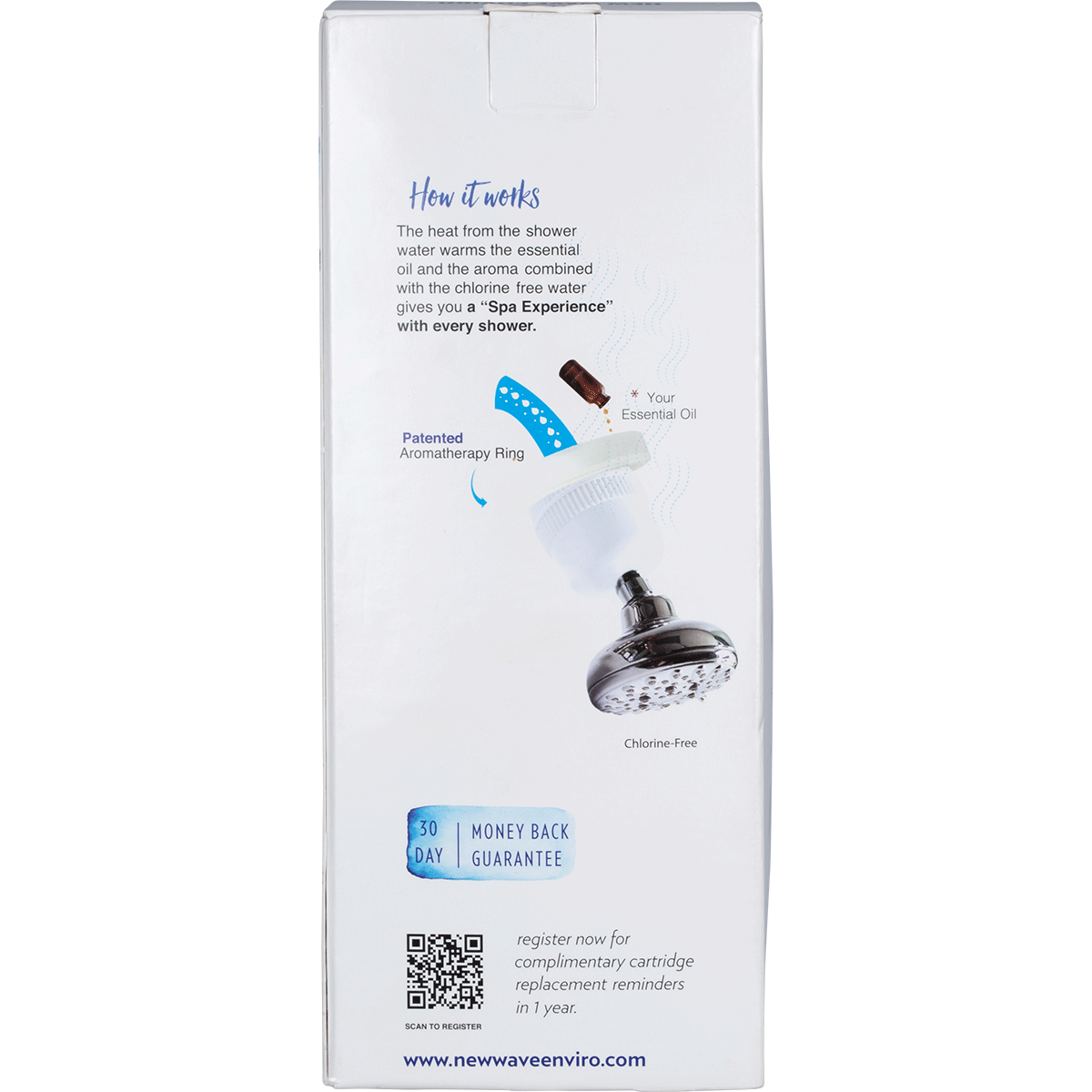Back view of a white New Wave Enviro premium shower filter with a black aromatherapy ring on a white background.