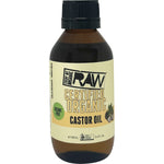 100ml amber glass bottle of Every Bit Organic Castor Oil with a white label and botanical illustrations.