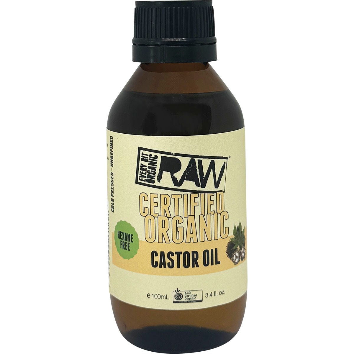 100ml amber glass bottle of Every Bit Organic Castor Oil with a white label and botanical illustrations.