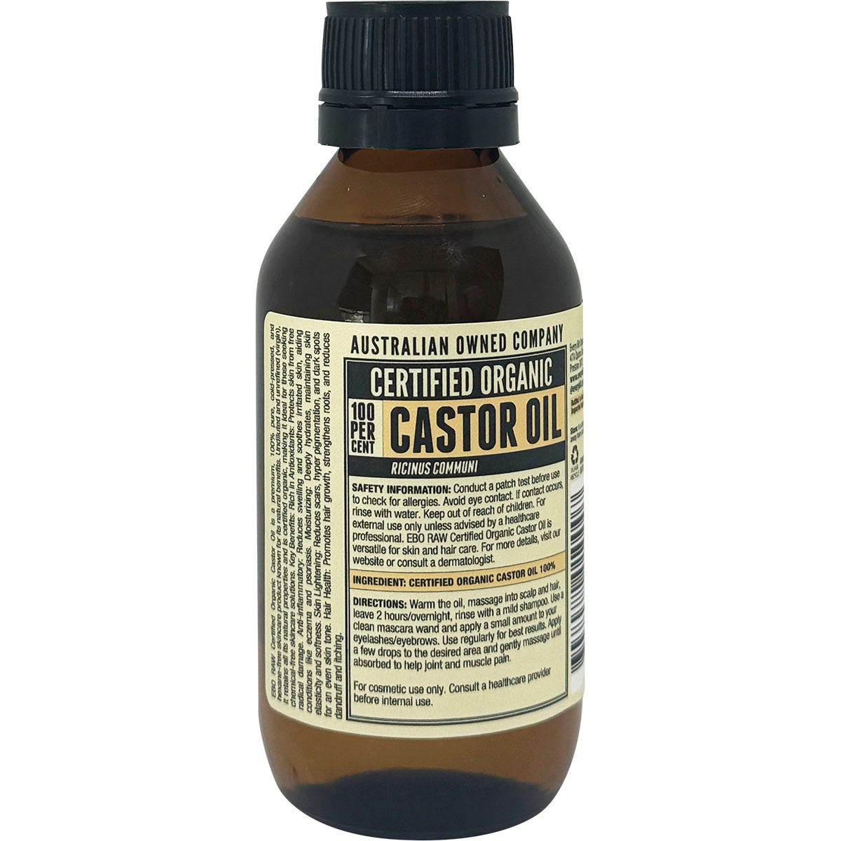 Every Bit Organic Castor Oil 100ml amber glass bottle showing the back label with directions and product information.