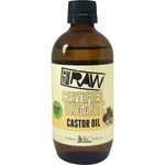 200ml amber glass bottle of Every Bit Organic Castor Oil with a white label and black screw cap.