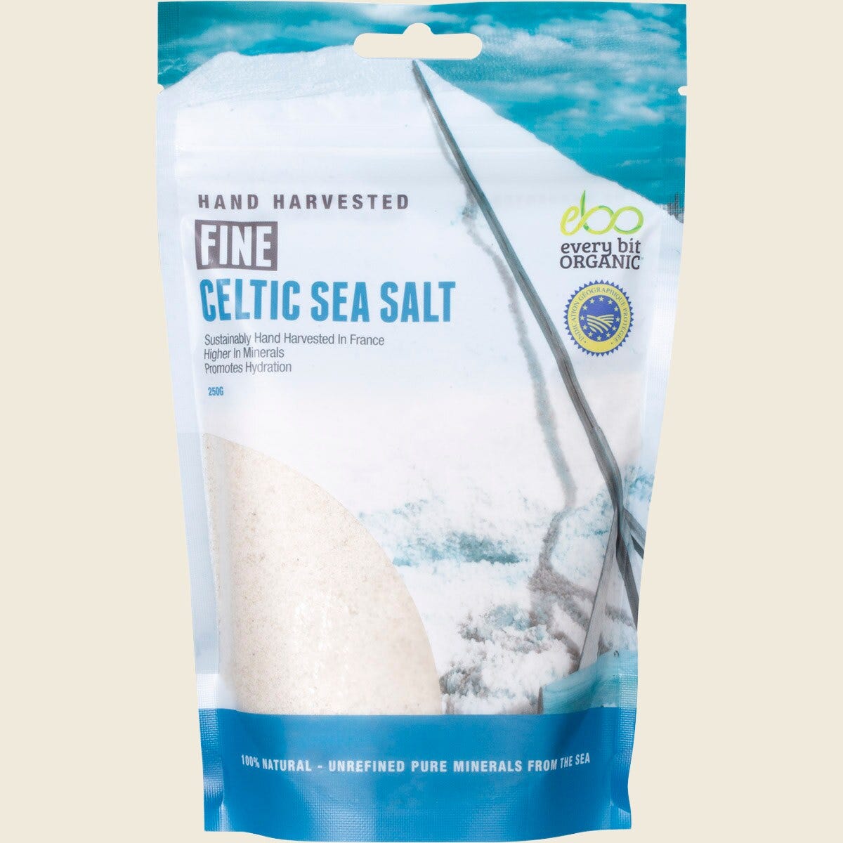 250g bag of Every Bit Organic Celtic Sea Salt Fine, featuring unrefined grey salt from the Guérande region of France.