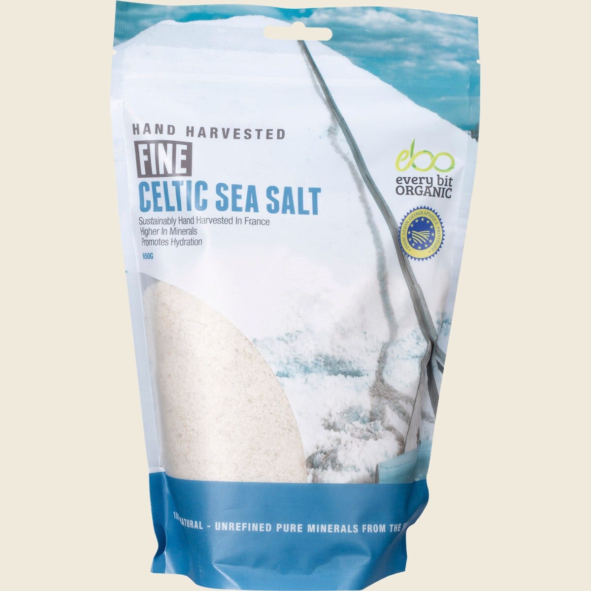 650g tub of Every Bit Organic Celtic Sea Salt Fine featuring a blue and white label on a white background.