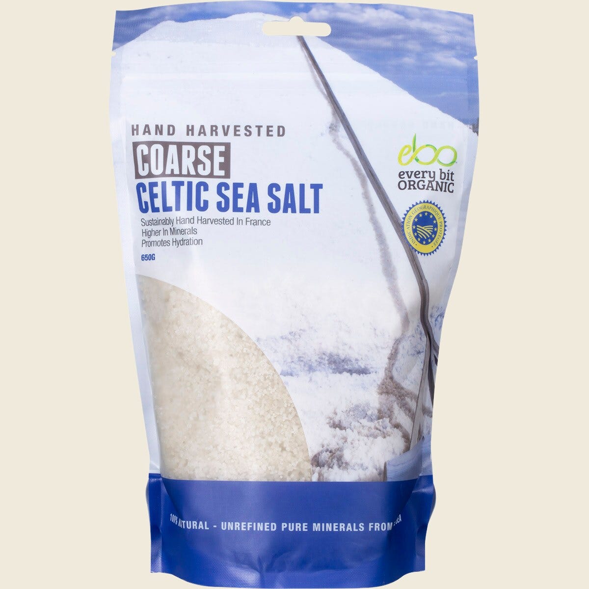 650g bag of Every Bit Organic Celtic Sea Salt Coarse, unrefined and hand-harvested, featuring a clear window.