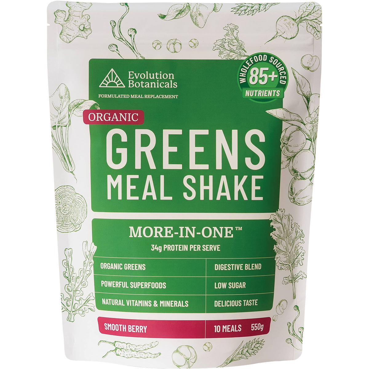 Evolution Botanicals Organic Greens Meal Shake Smooth Berry 550g pouch with berry and leaf illustrations.