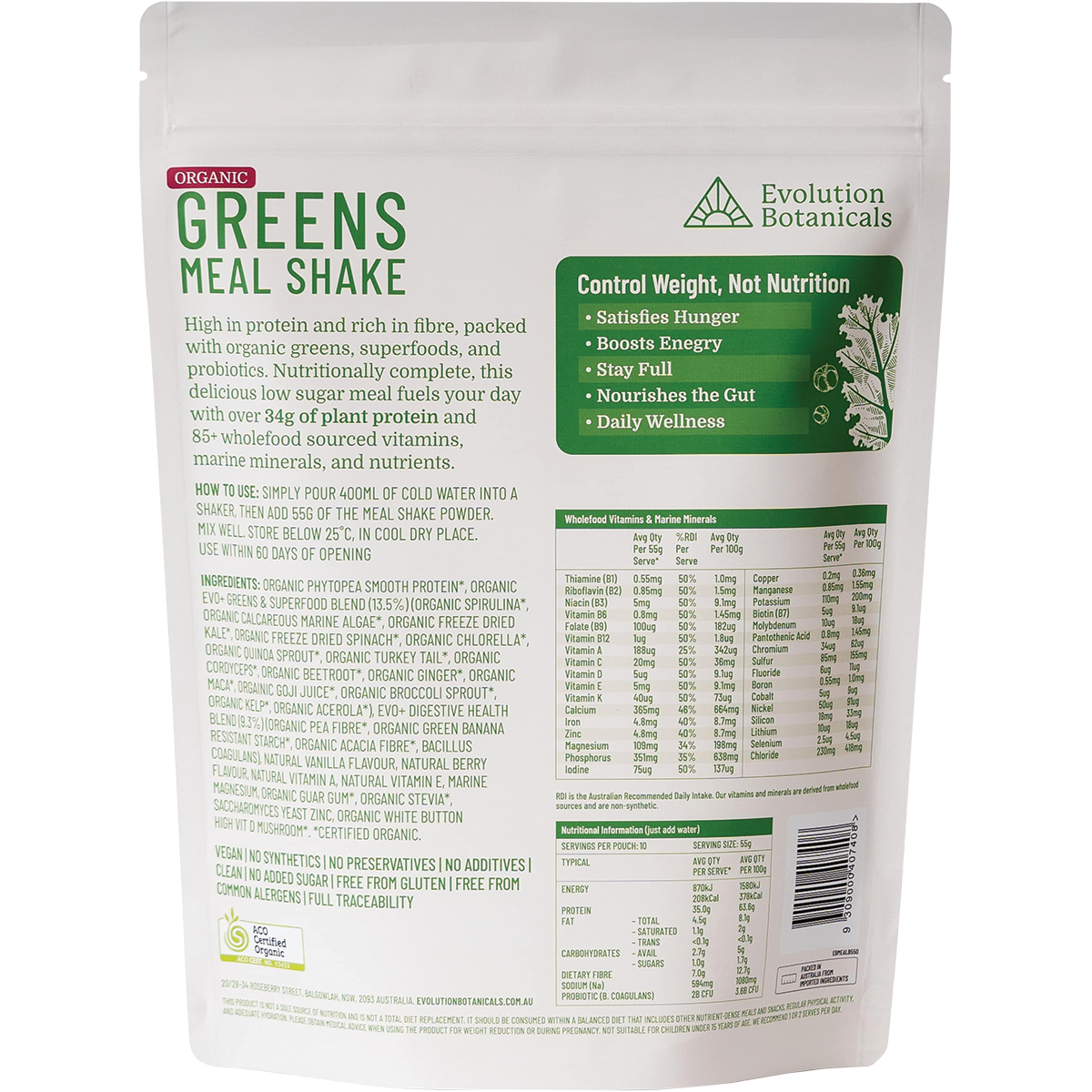 Back of Evolution Botanicals Organic Greens Meal Shake Smooth Berry pouch showing nutrition and ingredient details.