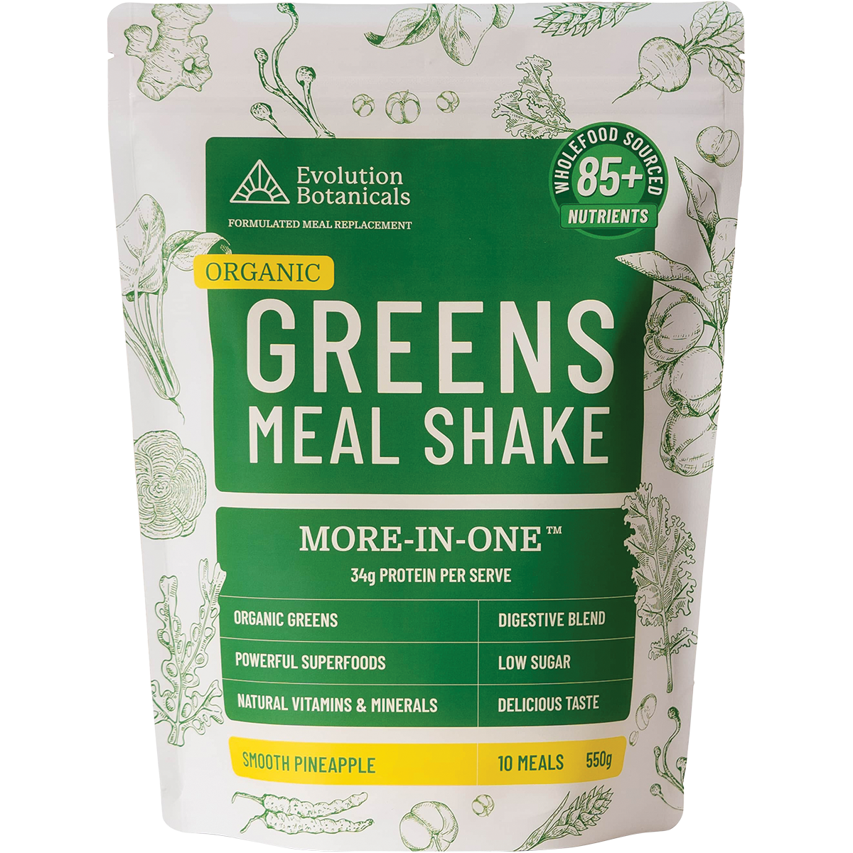Evolution Botanicals 550g Organic Greens Meal Shake Smooth Pineapple pouch with illustrations of pineapple and greens.