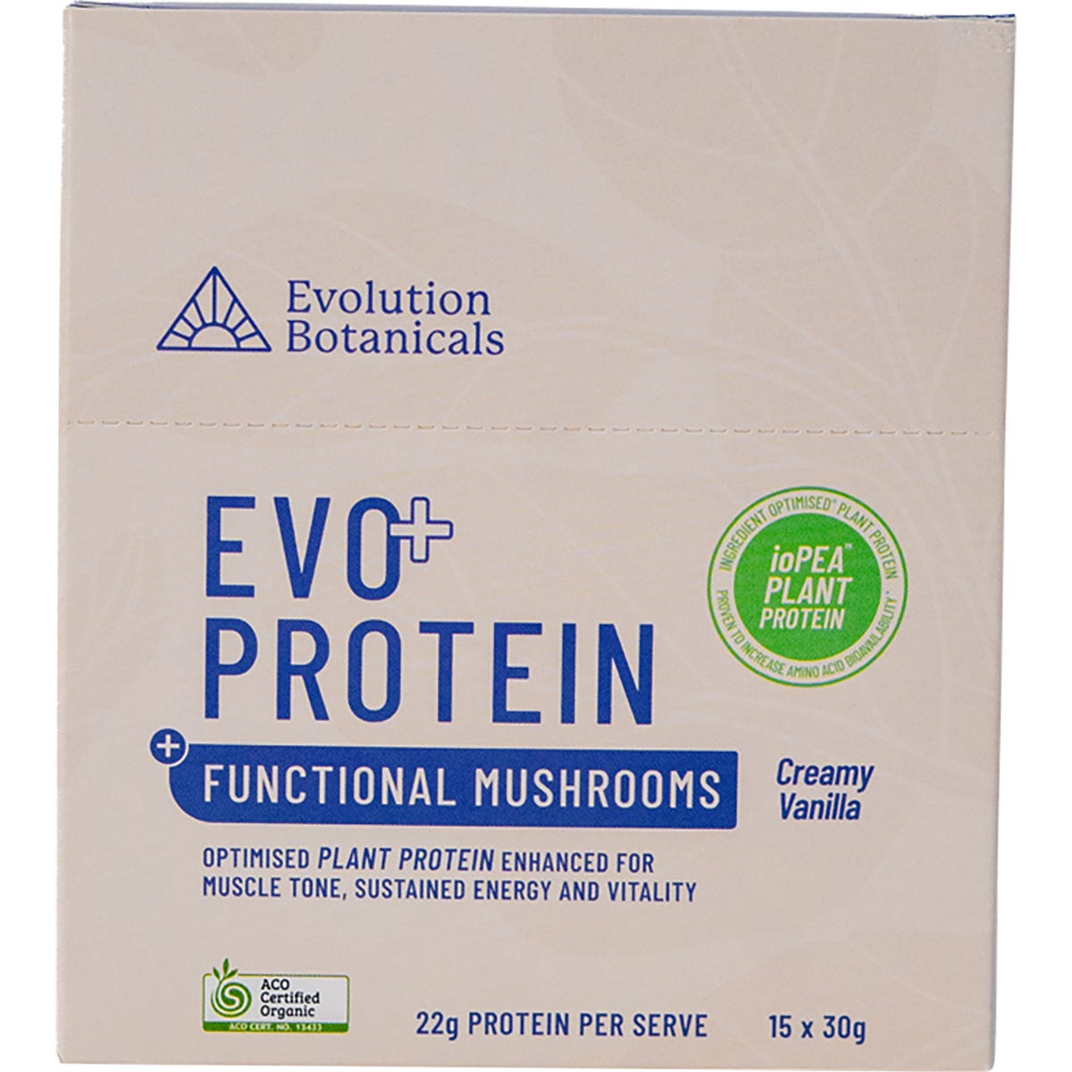 Pack of 15 Evolution Botanicals EVO+ Creamy Vanilla protein sachets with functional mushrooms.