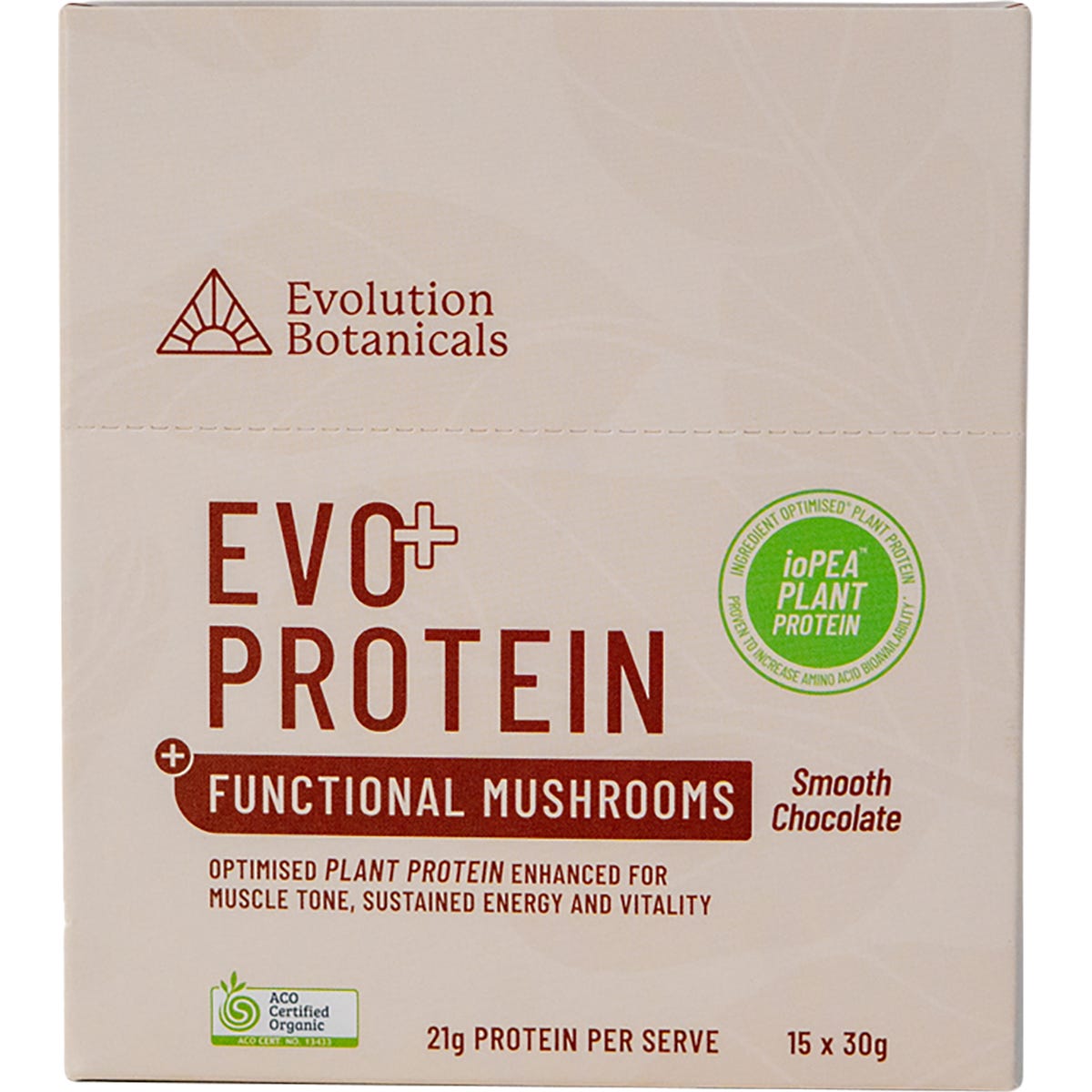Evolution Botanicals Smooth Chocolate EVO+ Protein with Mushrooms, 30g sachets in a 15-pack box.