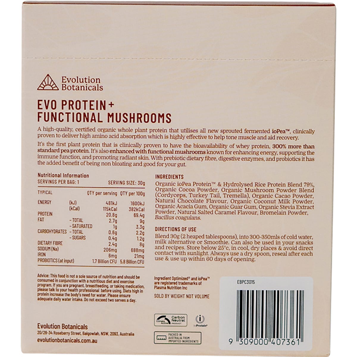 Back of a Smooth Chocolate Evolution Botanicals protein sachet featuring ingredients and nutritional information.