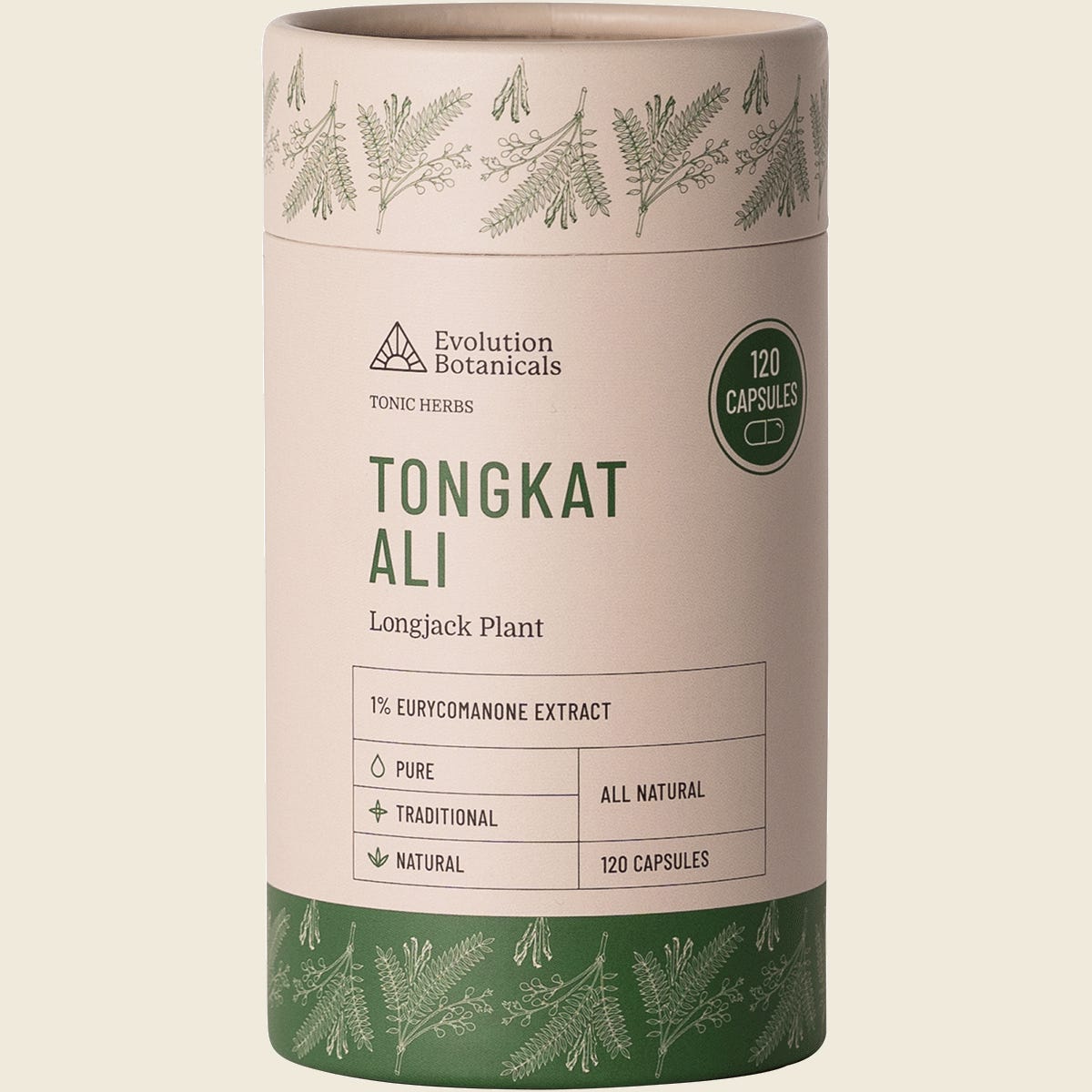 Evolution Botanicals Tongkat Ali Longjack Plant 120 capsules in a dark violet glass jar with a minimalist label.