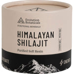 Evolution Botanicals Himalayan Shilajit 30g jar and measuring spoon with soft resin on a white background.