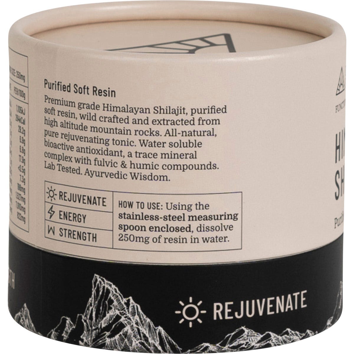 Evolution Botanicals Himalayan Shilajit 30g violet glass jar with a graduated stainless steel measuring spoon.