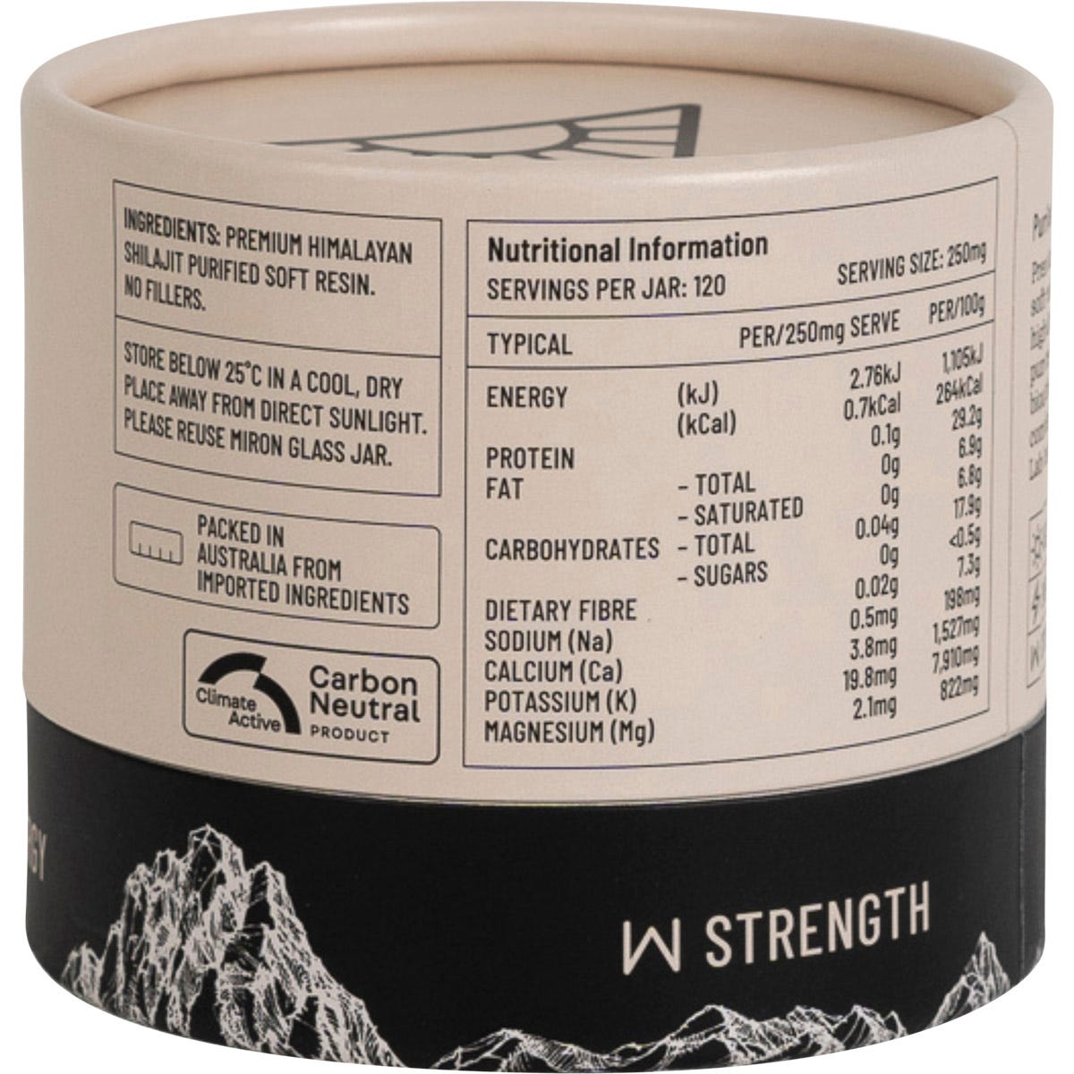 Right side of a 30g Evolution Botanicals Himalayan Shilajit jar with a stainless steel measuring spoon.