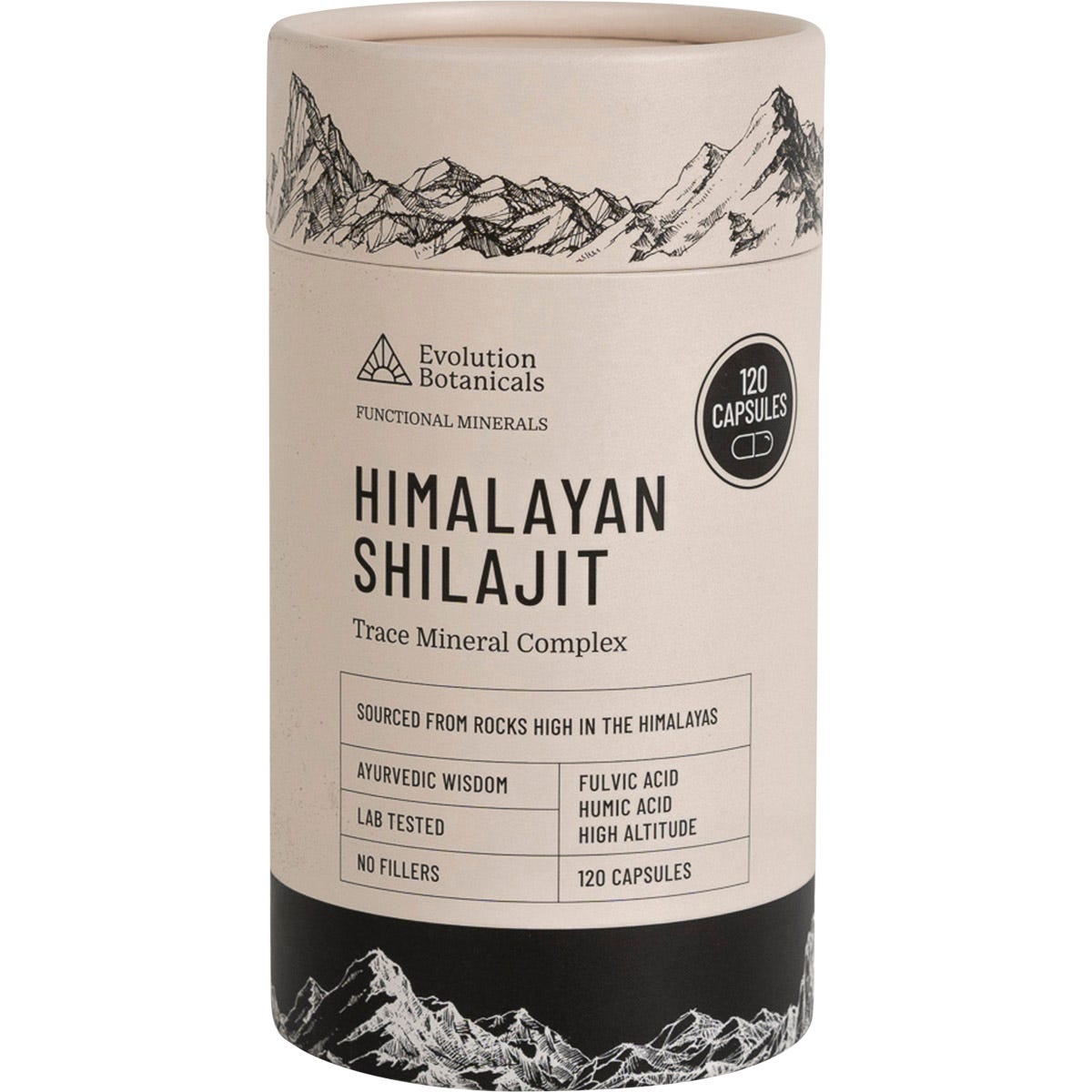 120 capsules of Evolution Botanicals Himalayan Shilajit Trace Mineral Complex in a black and gold tube.